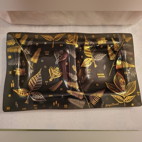 Vintage Mint George Briard Design Divided Smoke Glass Tray w/Gold & Silver Bees - Picture 1 of 6